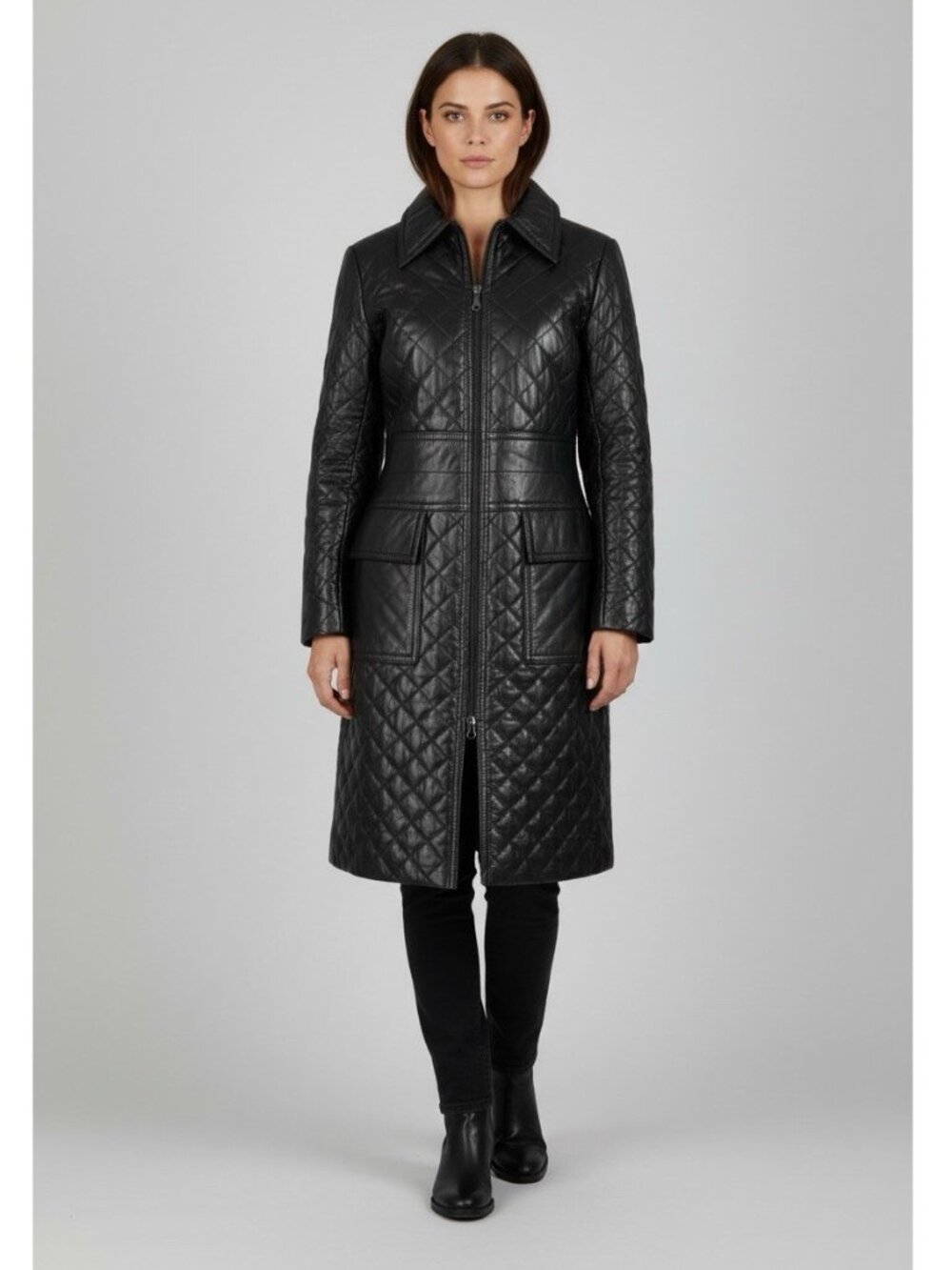 Express Womens Leather Trench Coat Long Black Quilted Jacket Small